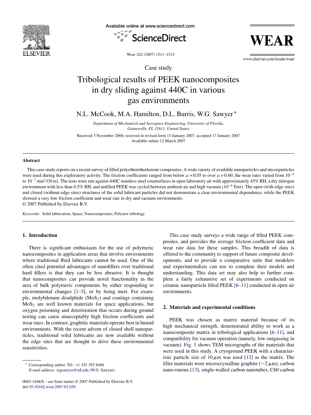 Tribological Results of PEEK Nanocomposites in Dry Sliding Against 440C in Various Gas Environments N.L