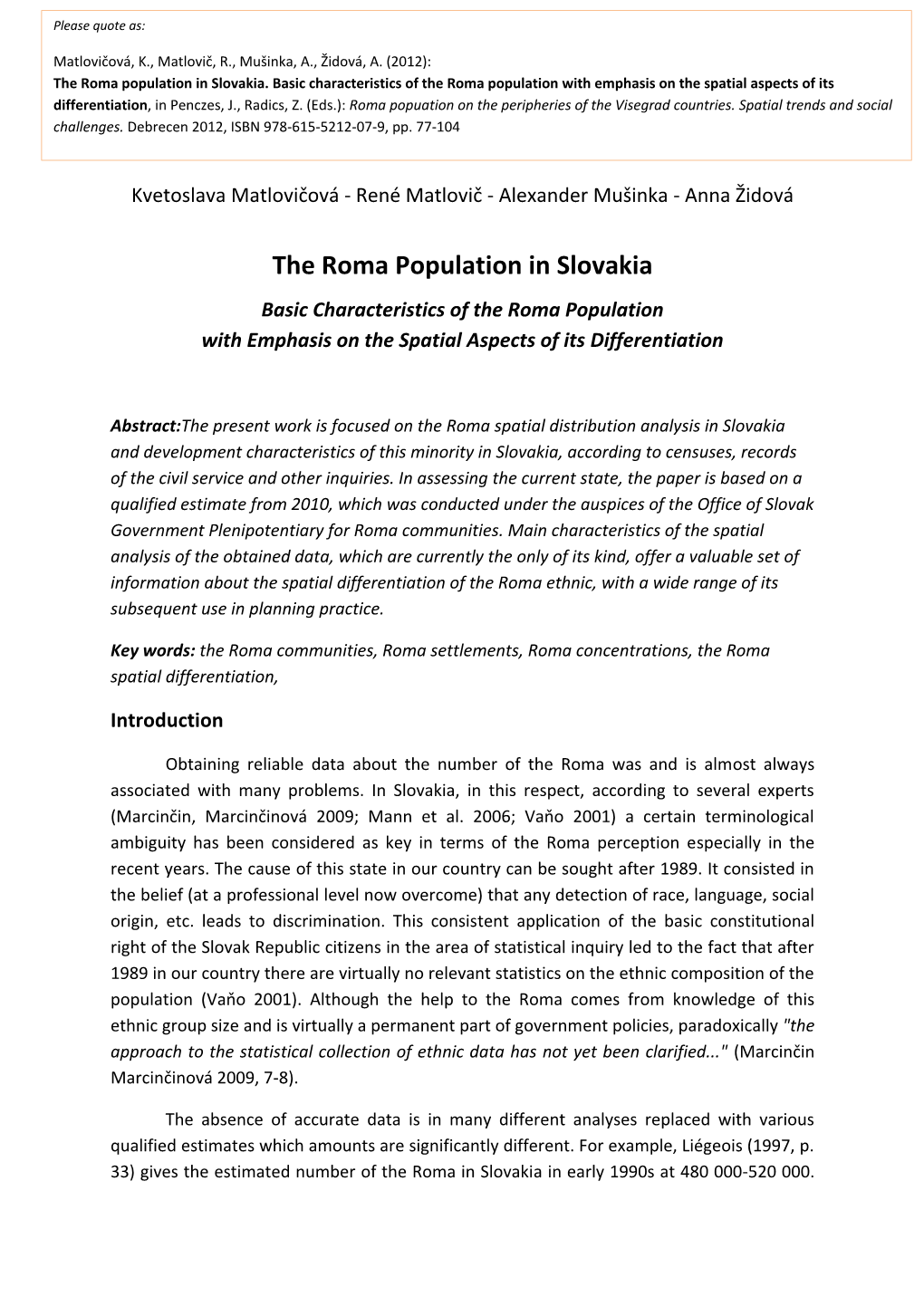 The Roma Population in Slovakia