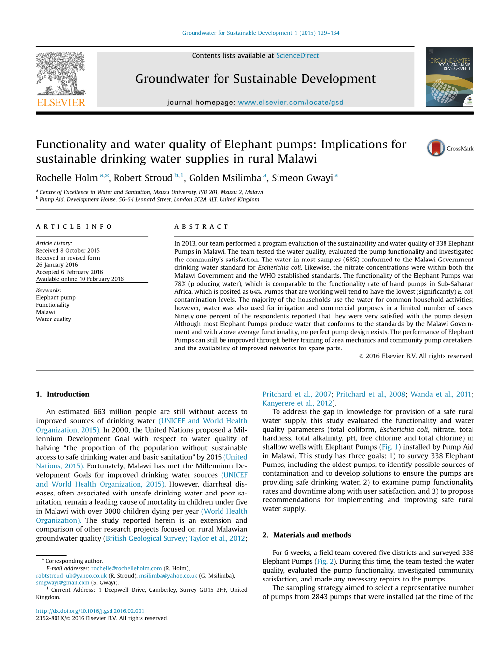 Functionality and Water Quality of Elephant Pumps: Implications for Sustainable Drinking Water Supplies in Rural Malawi