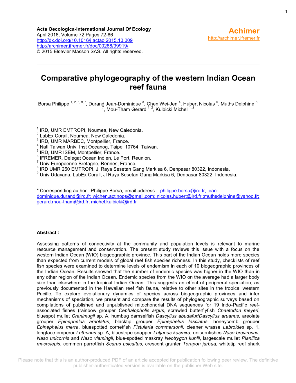 Comparative Phylogeography of the Western Indian Ocean Reef Fauna