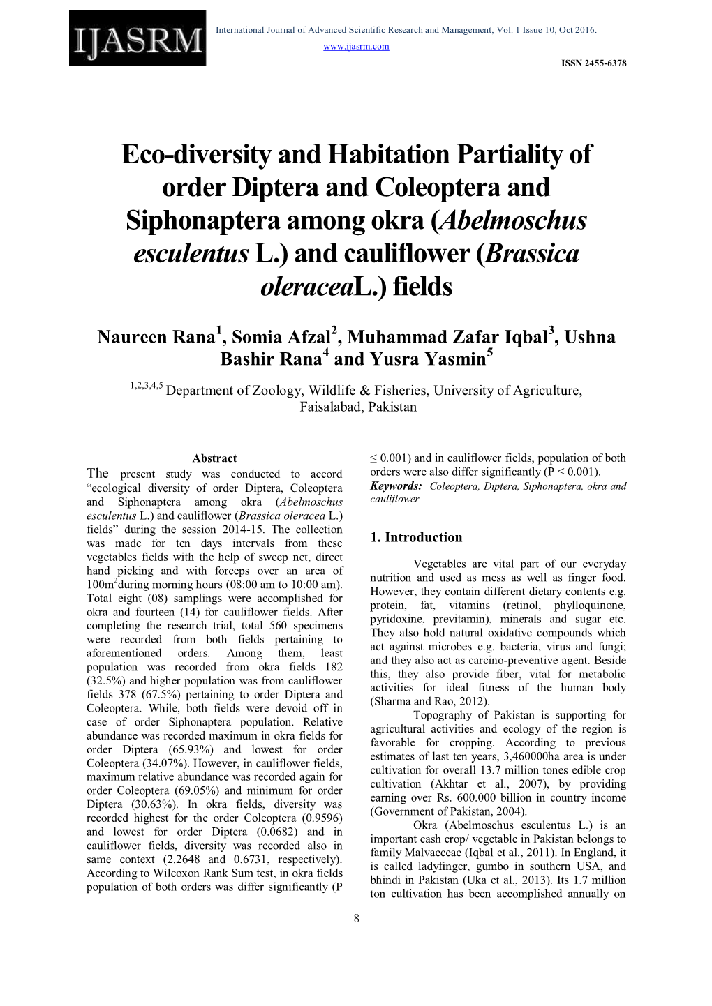 Eco-Diversity and Habitation Partiality of Order Diptera and Coleoptera