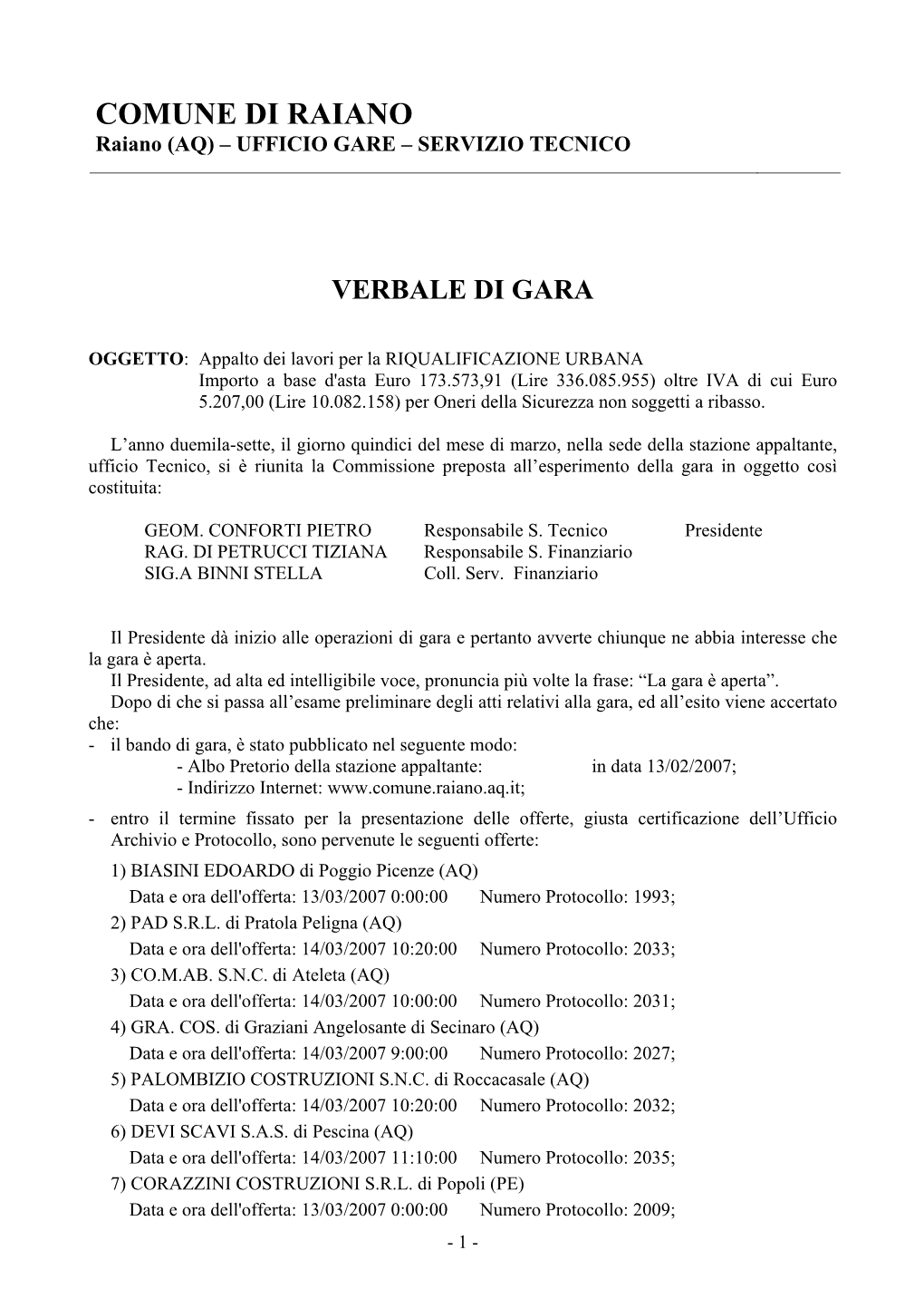 COMUNE DI RAIANO Raiano (AQ) – UFFICIO GARE – SERVIZIO TECNICO