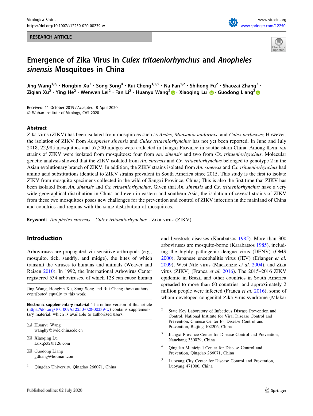 Emergence of Zika Virus in Culex Tritaeniorhynchus and Anopheles Sinensis Mosquitoes in China