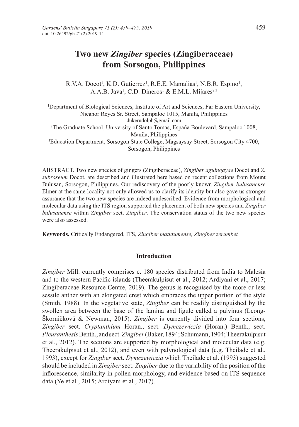 Two New Zingiber Species (Zingiberaceae) from Sorsogon, Philippines