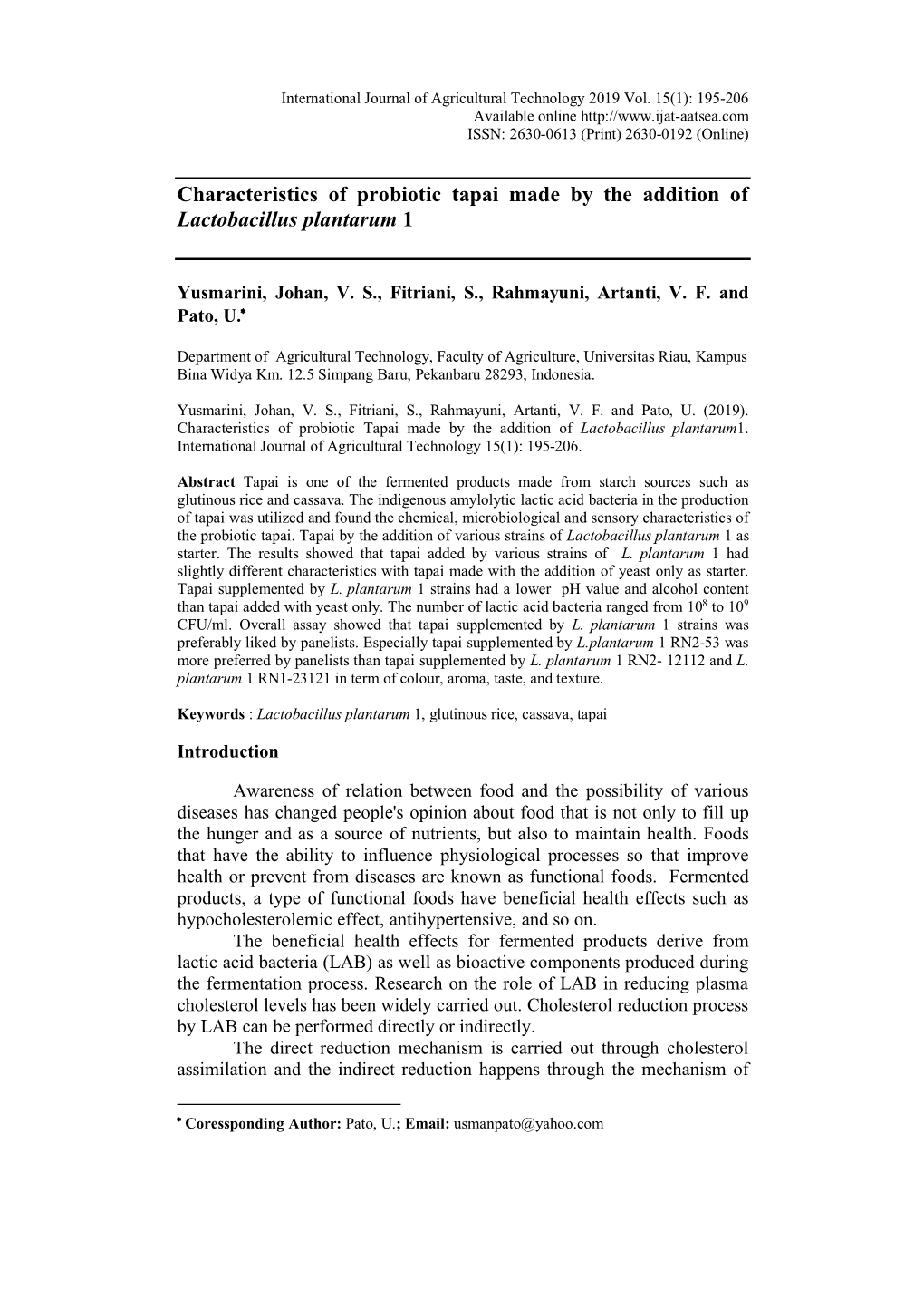 Characteristics of Probiotic Tapai Made by the Addition of Lactobacillus Plantarum 1