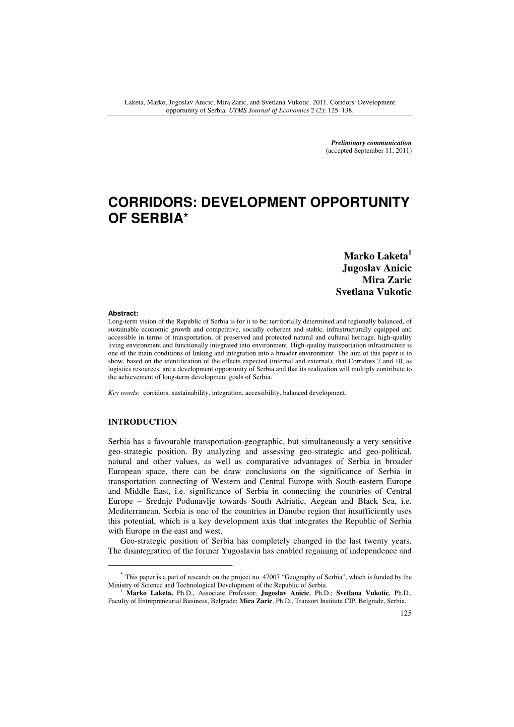 Corridors: Development Opportunity of Serbia *