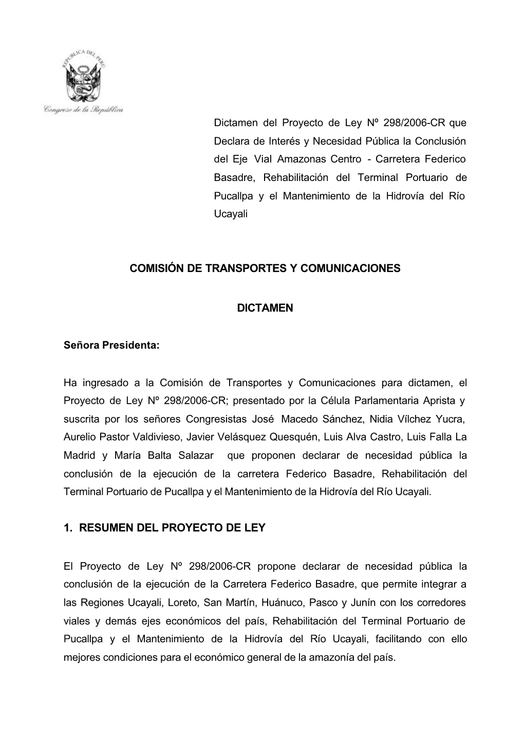 Dictamen Del Proyecto De Ley Nº 298/2006-CR