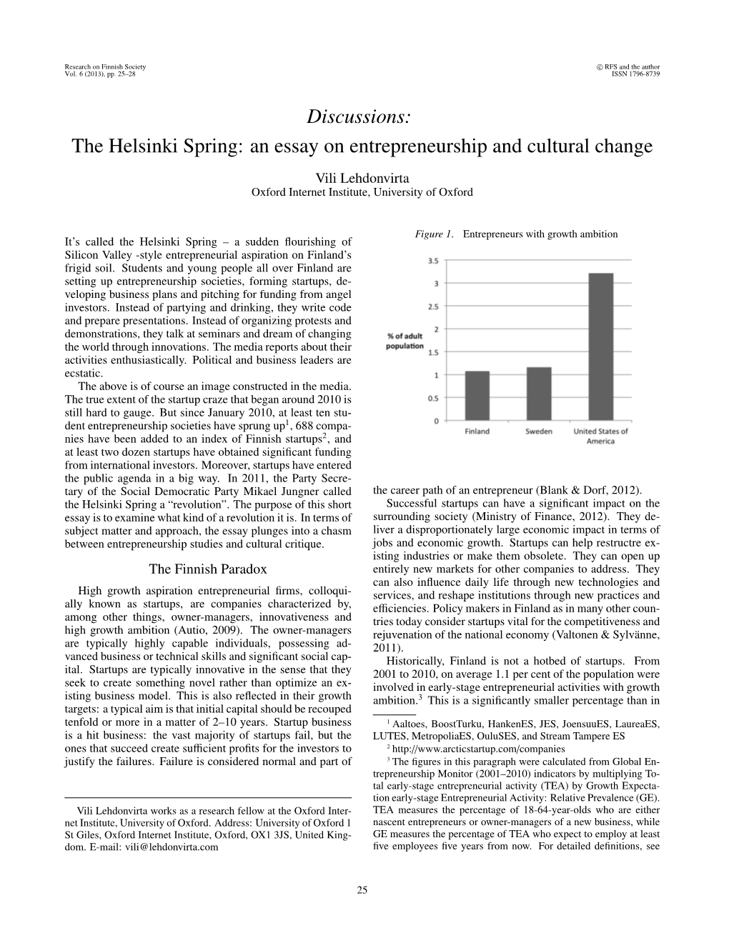 The Helsinki Spring: an Essay on Entrepreneurship and Cultural Change