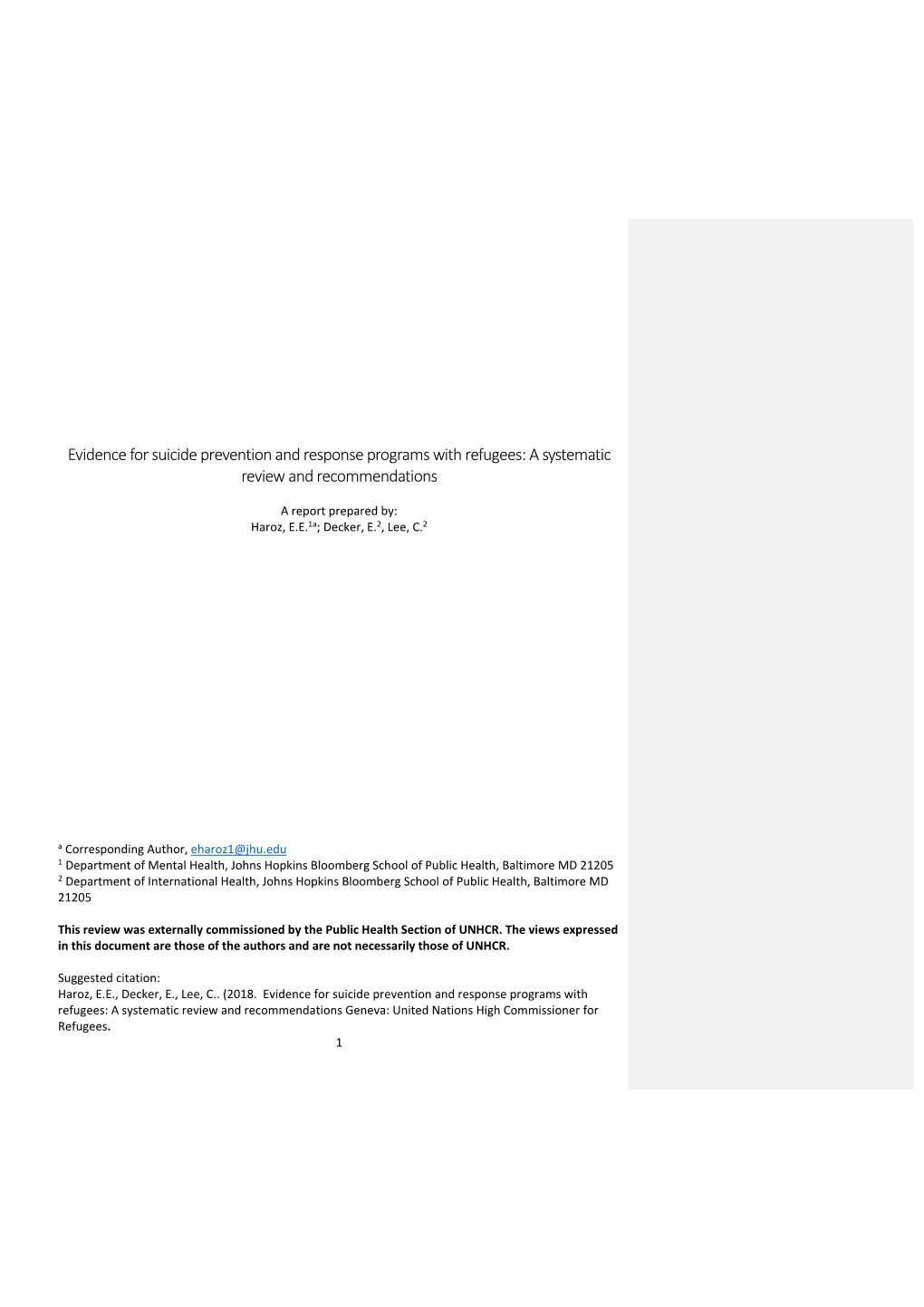 Evidence for Suicide Prevention and Response Programs with Refugees: a Systematic Review and Recommendations