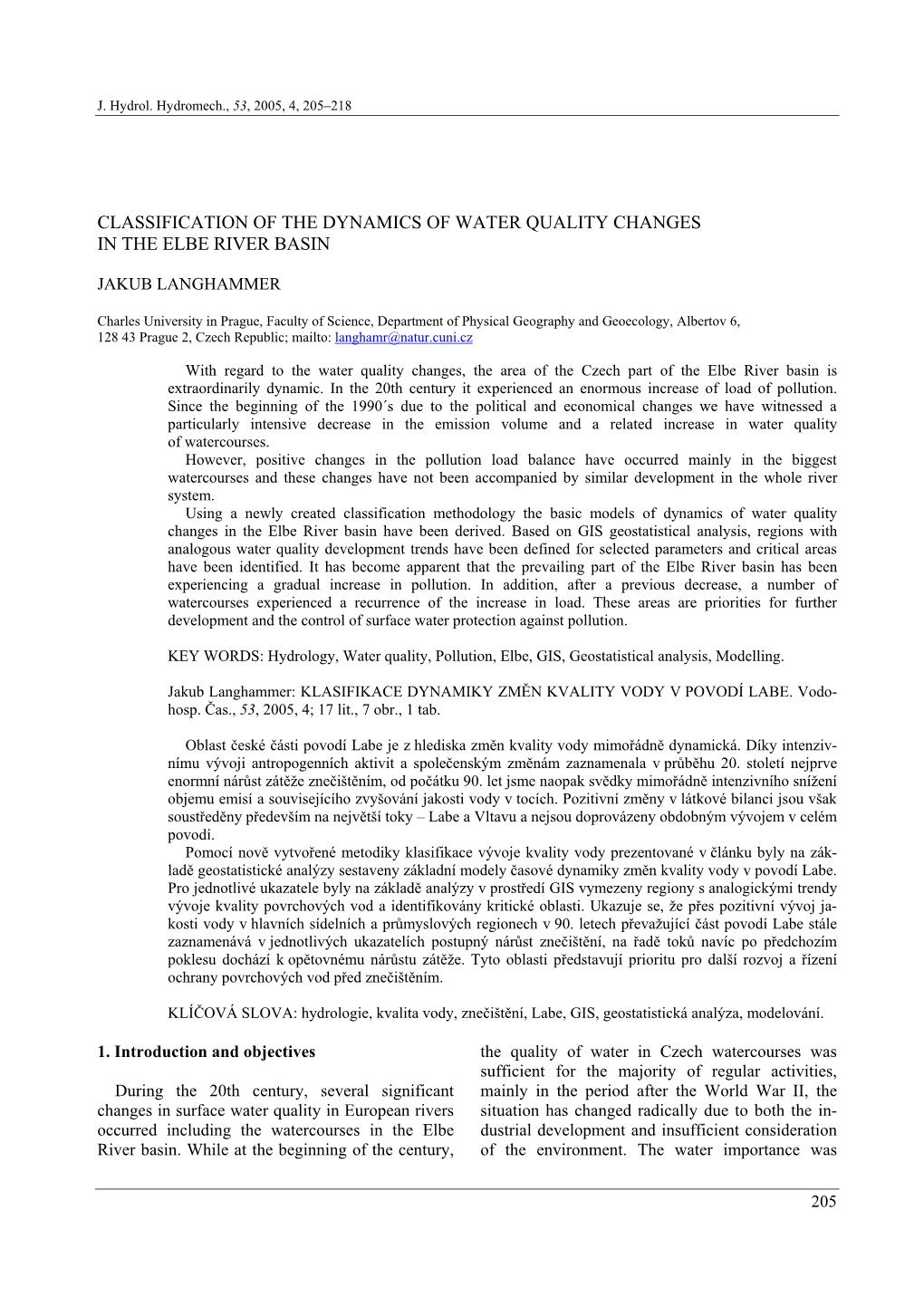 Classification of the Dynamics of Water Quality Changes in the Elbe River Basin