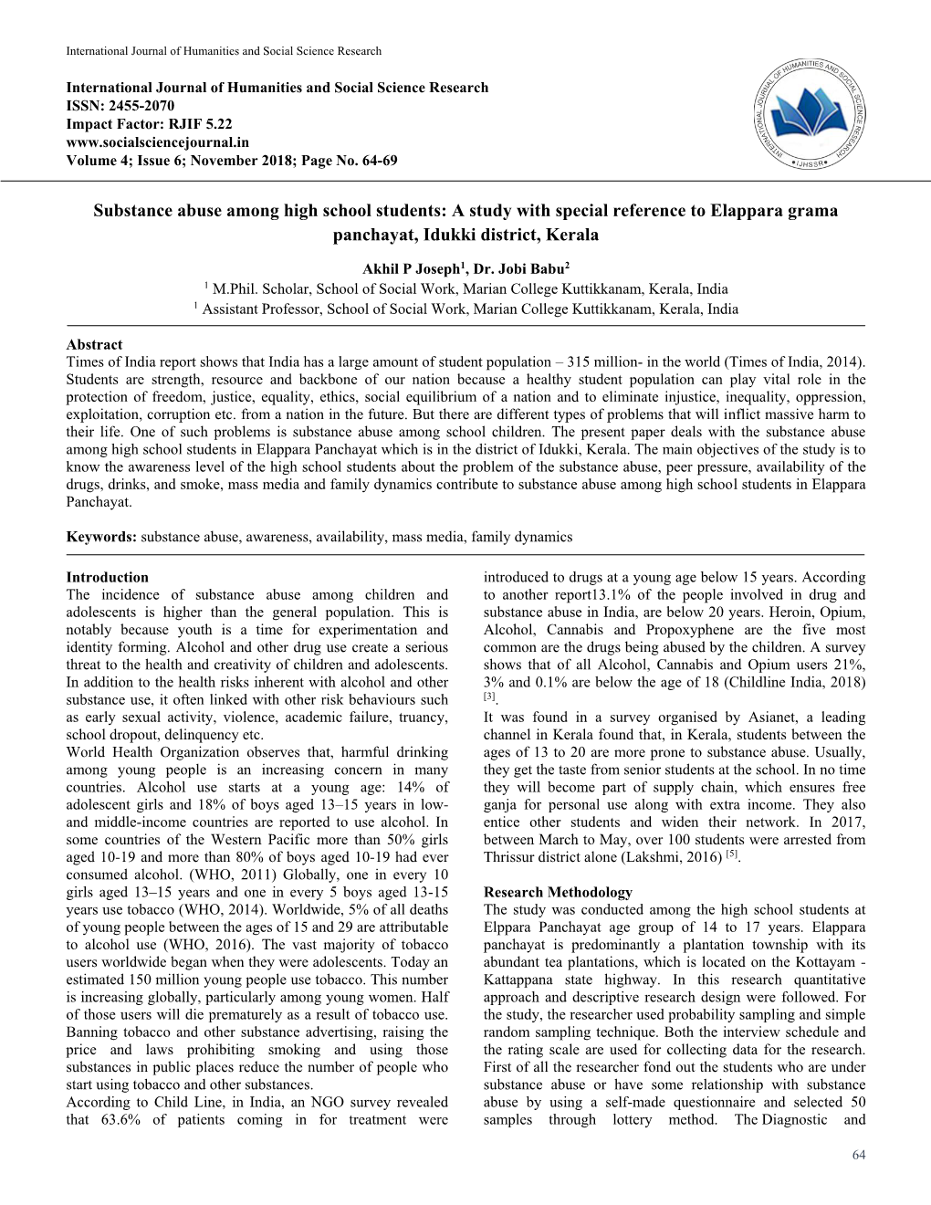 Substance Abuse Among High School Students: a Study with Special Reference to Elappara Grama Panchayat, Idukki District, Kerala