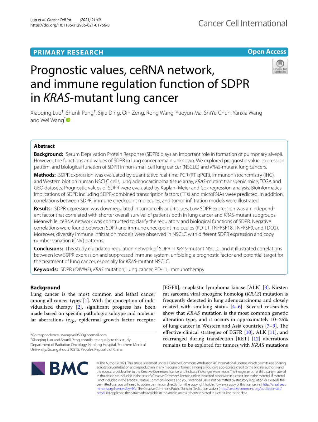 Prognostic Values, Cerna Network, and Immune Regulation Function of SDPR in KRAS-Mutant Lung Cancer