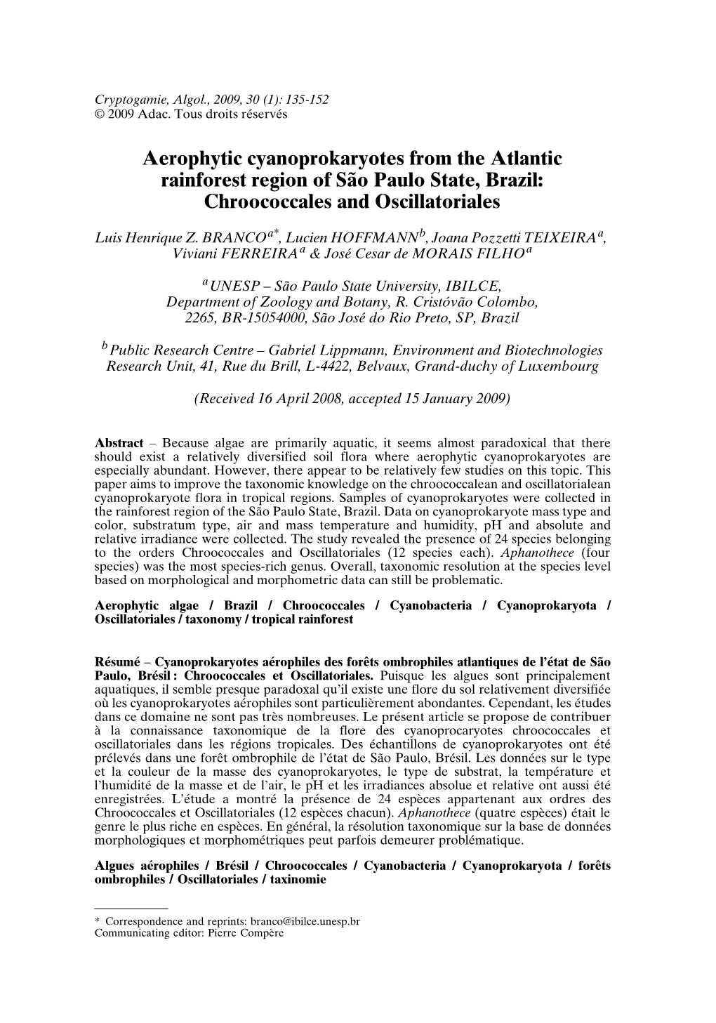 Aerophytic Cyanoprokaryotes from the Atlantic Rainforest Region of São Paulo State, Brazil: Chroococcales and Oscillatoriales