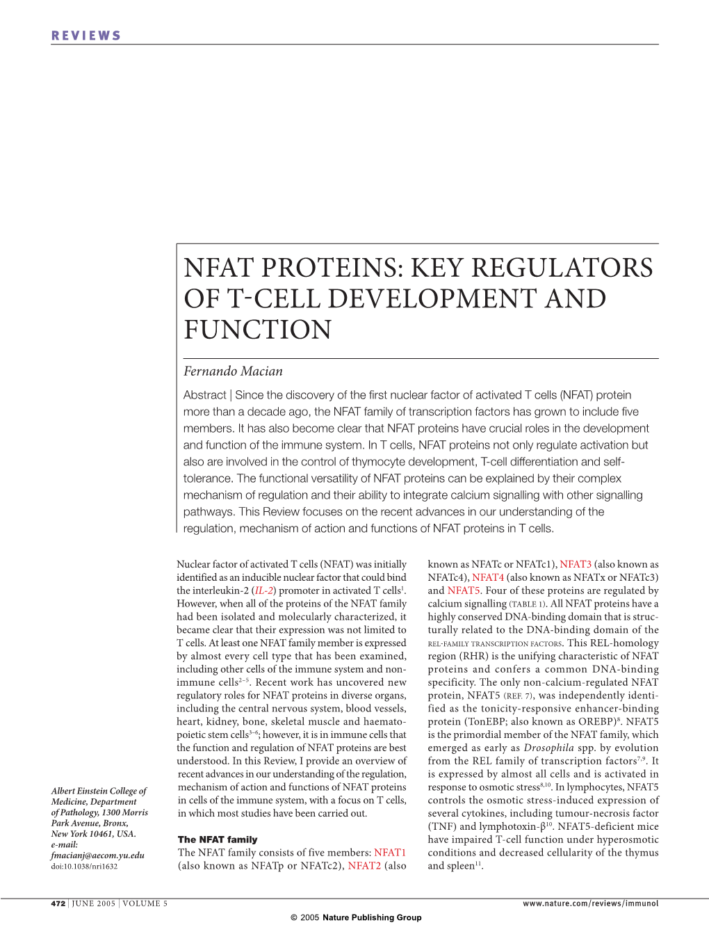 Nfat Proteins: Key Regulators of T Cell Development and Function