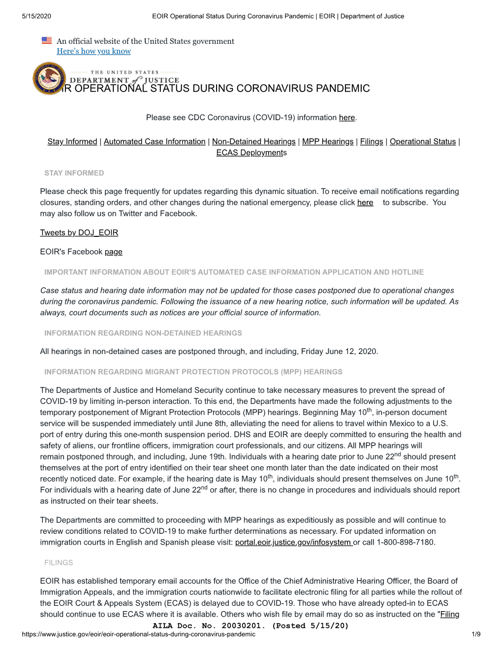 EOIR Operational Status During Coronavirus Pandemic | EOIR | Department of Justice