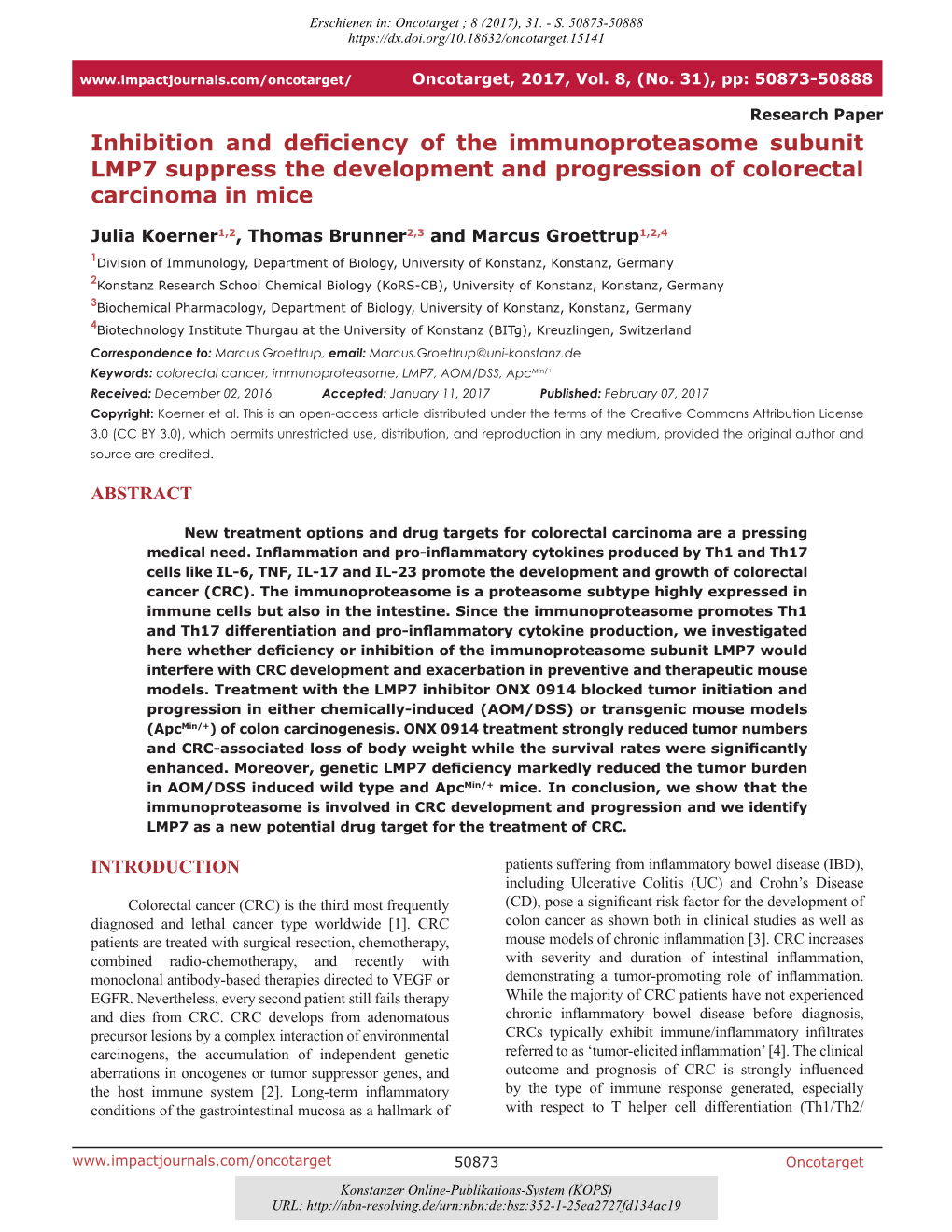 Inhibition and Deficiency of the Immunoproteasome Subunit LMP7 Suppress the Development and Progression of Colorectal Carcinoma in Mice