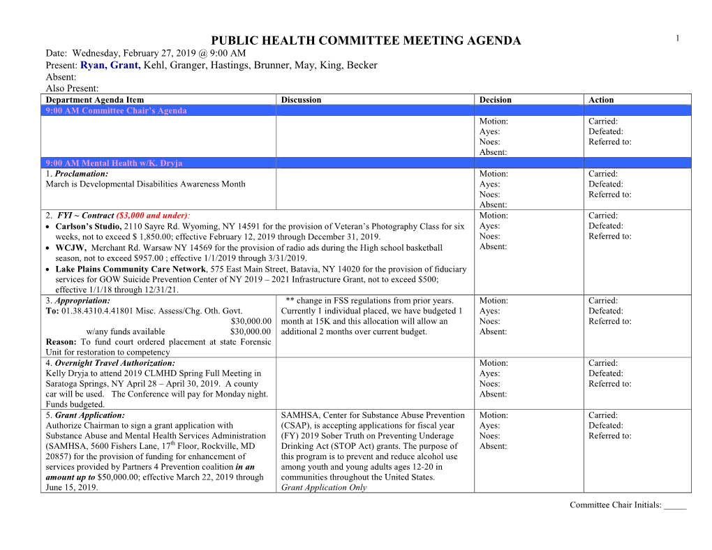 Public Health Committee Meeting Agenda