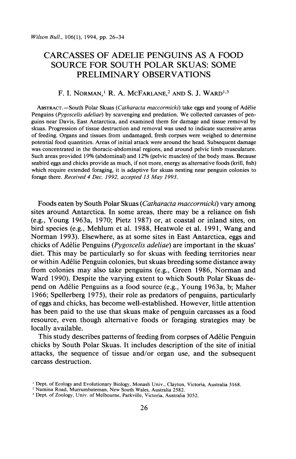 Carcasses of Adelie Penguins As a Food Source for South Polar Skuas: Some Preliminary Observations