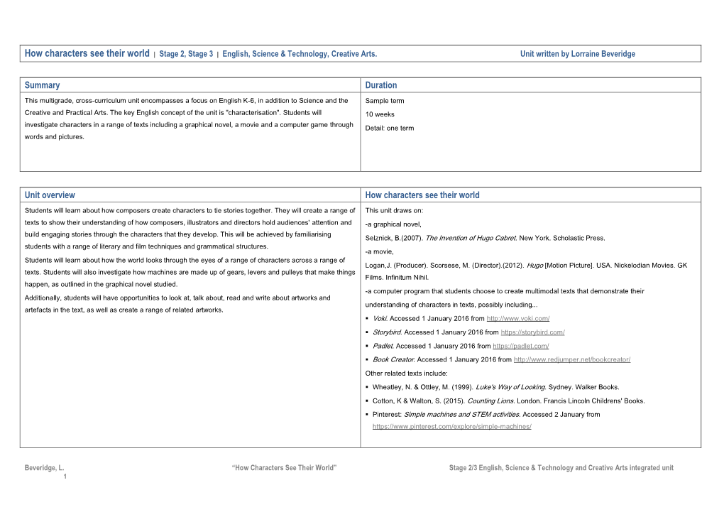 Summary Duration Unit Overview How Characters See Their World