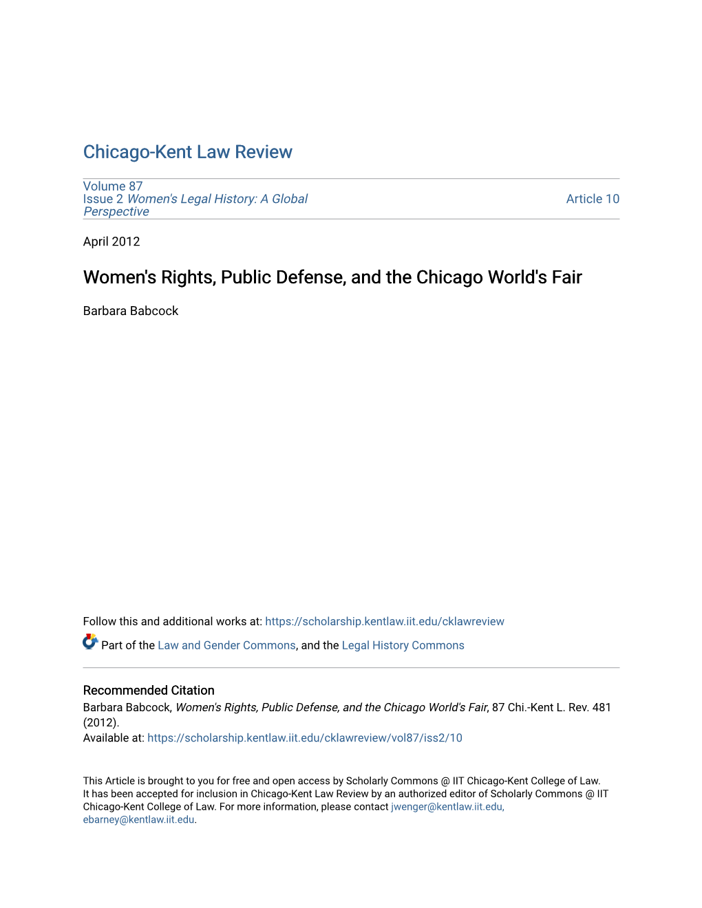 Women's Rights, Public Defense, and the Chicago World's Fair