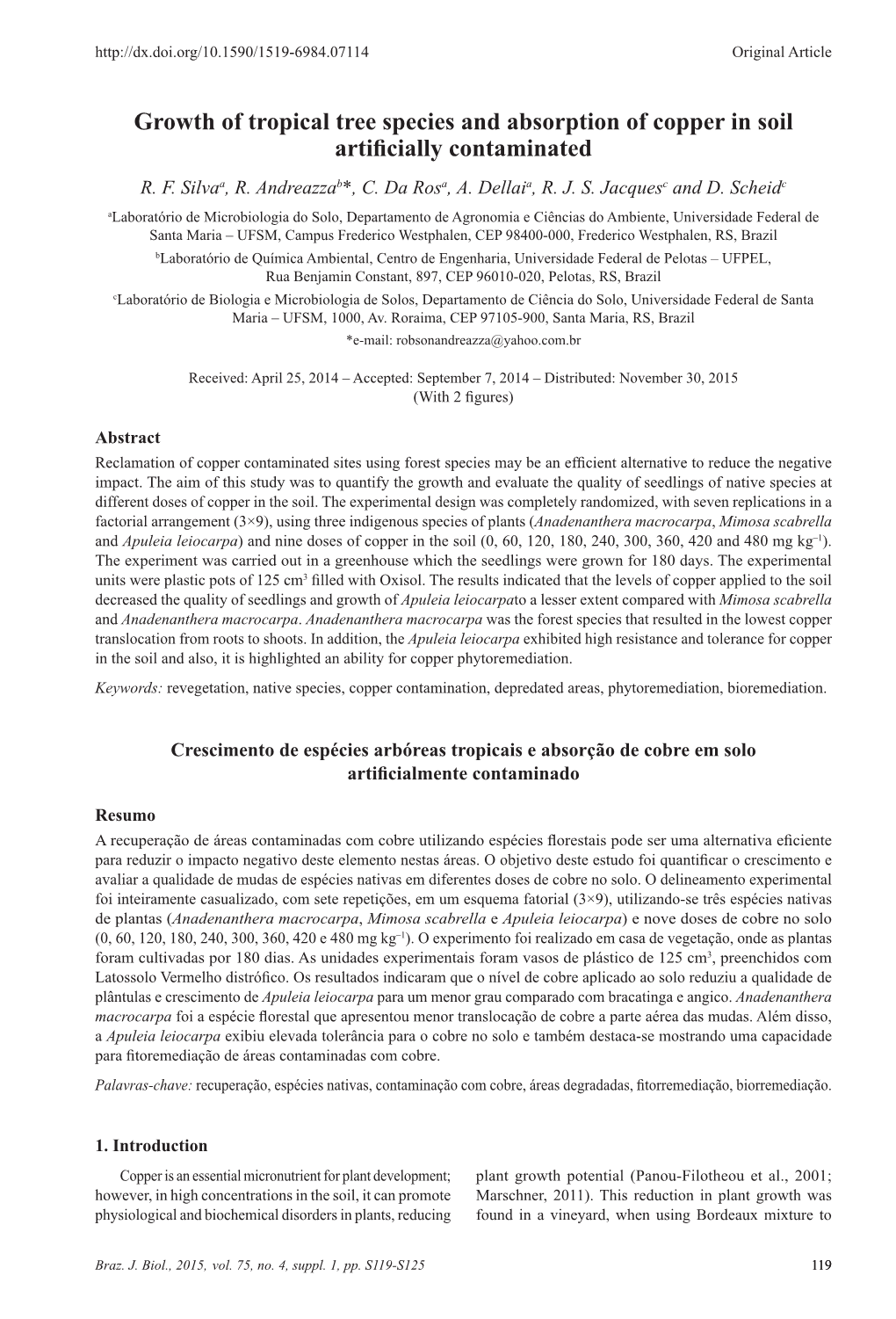 Growth of Tropical Tree Species and Absorption of Copper in Soil Artificially Contaminated R