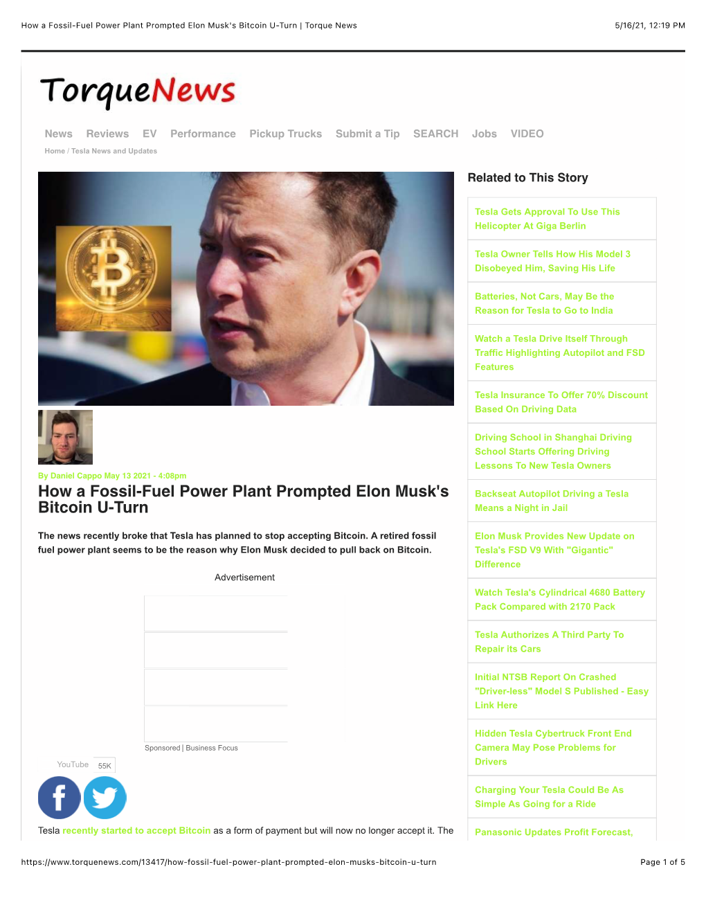 How a Fossil-Fuel Power Plant Prompted Elon Musk's Bitcoin U-Turn | Torque News 5/16/21, 12:19 PM