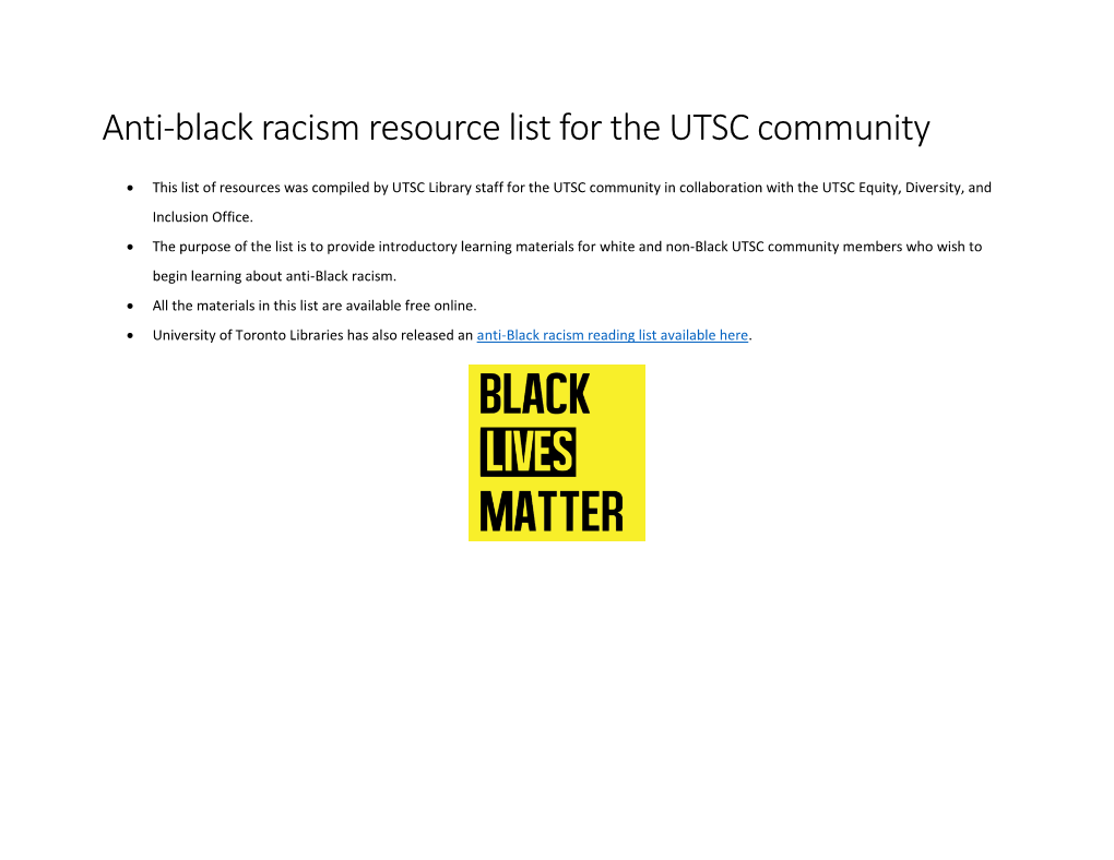 Anti-Black Racism Resource List for the UTSC Community