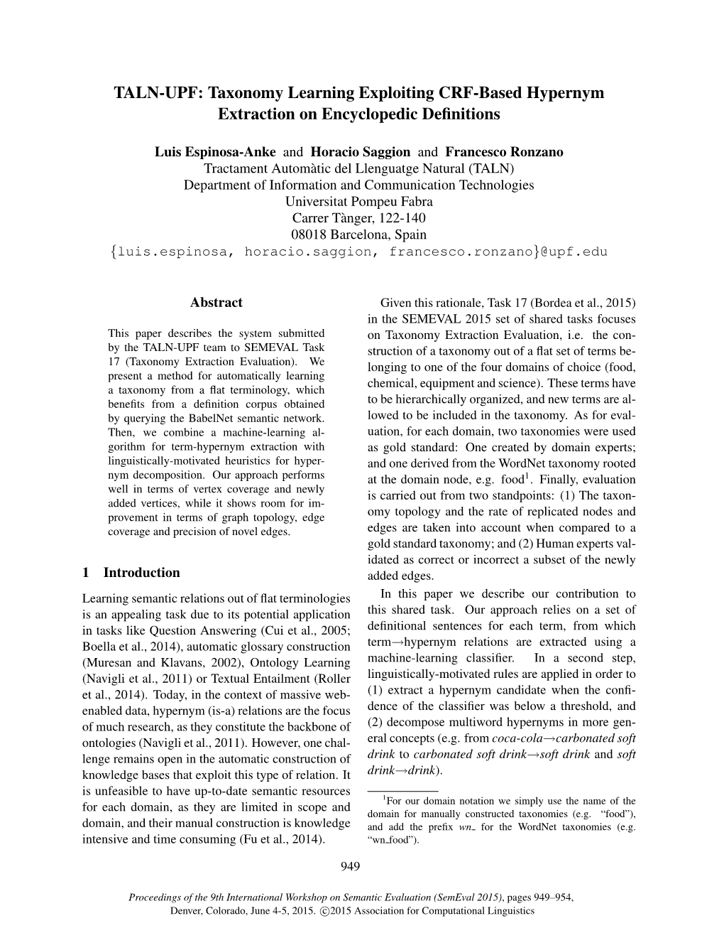 TALN-UPF: Taxonomy Learning Exploiting CRF-Based Hypernym Extraction on Encyclopedic Deﬁnitions