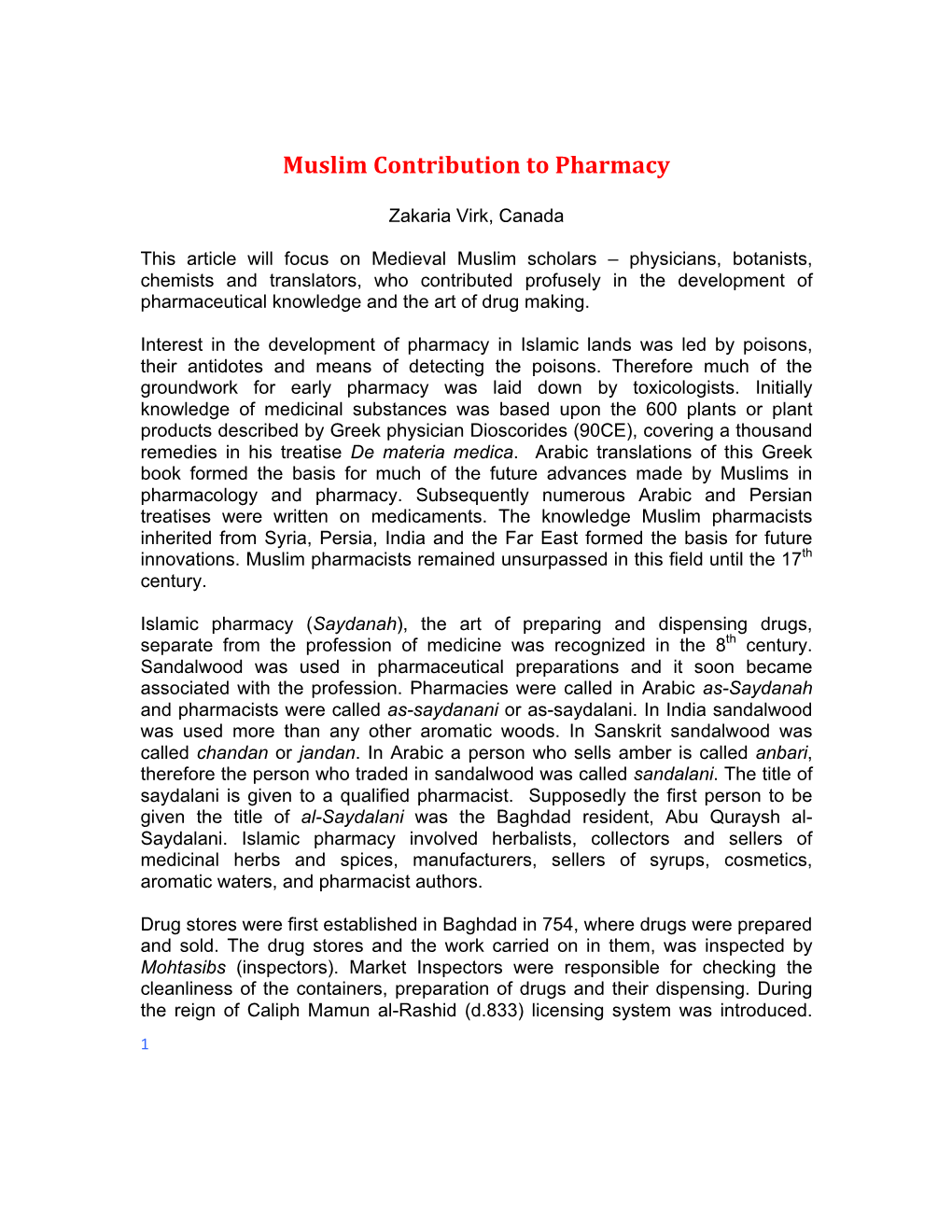 Muslim Contribution to Pharmacy