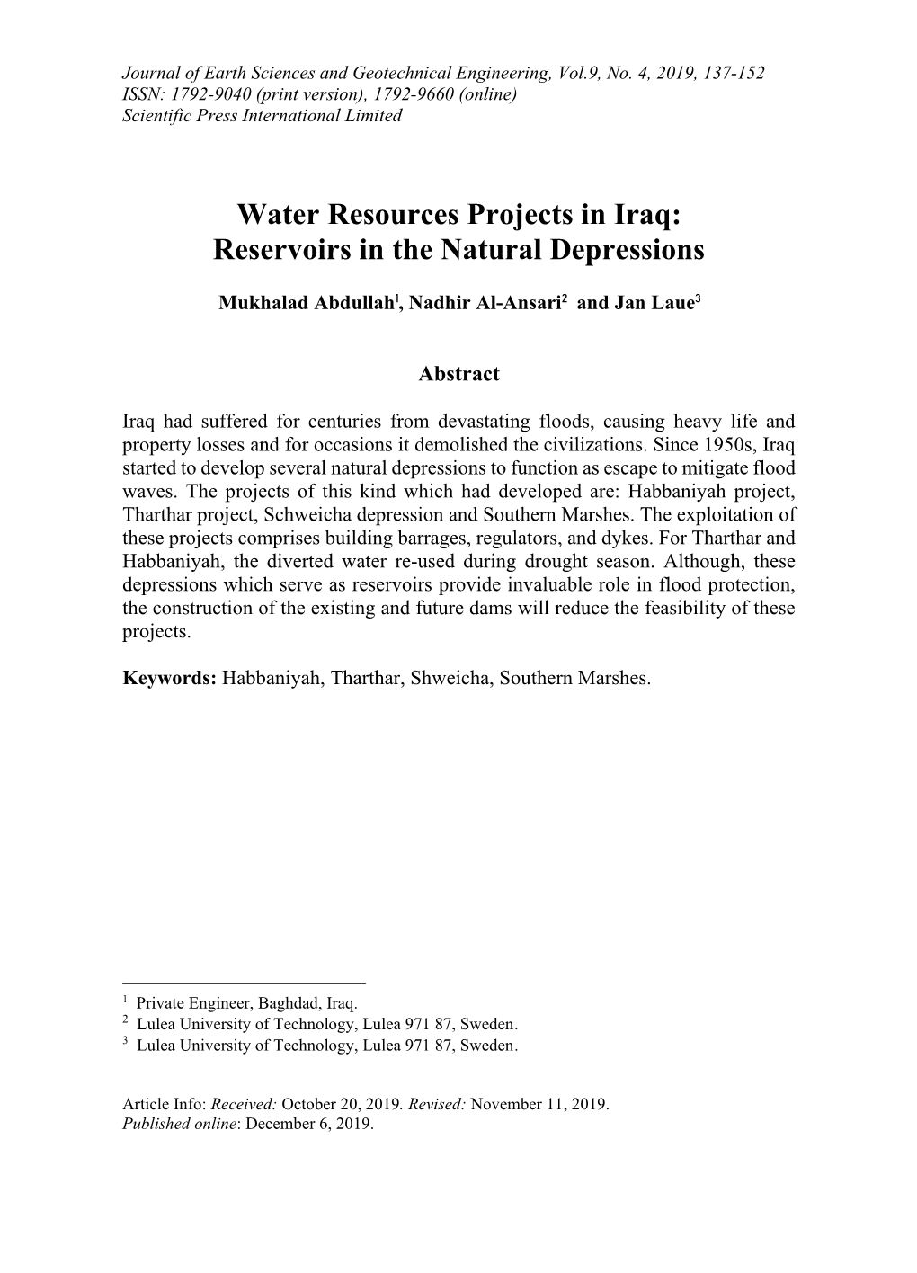 Water Resources Projects in Iraq: Reservoirs in the Natural Depressions