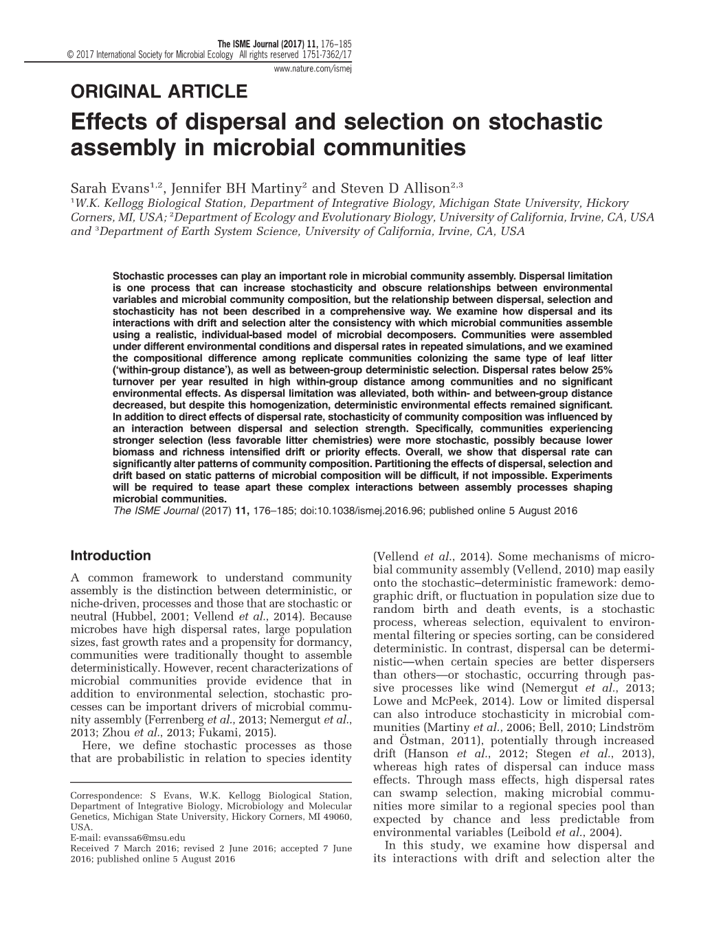 Effects of Dispersal and Selection on Stochastic Assembly in Microbial Communities