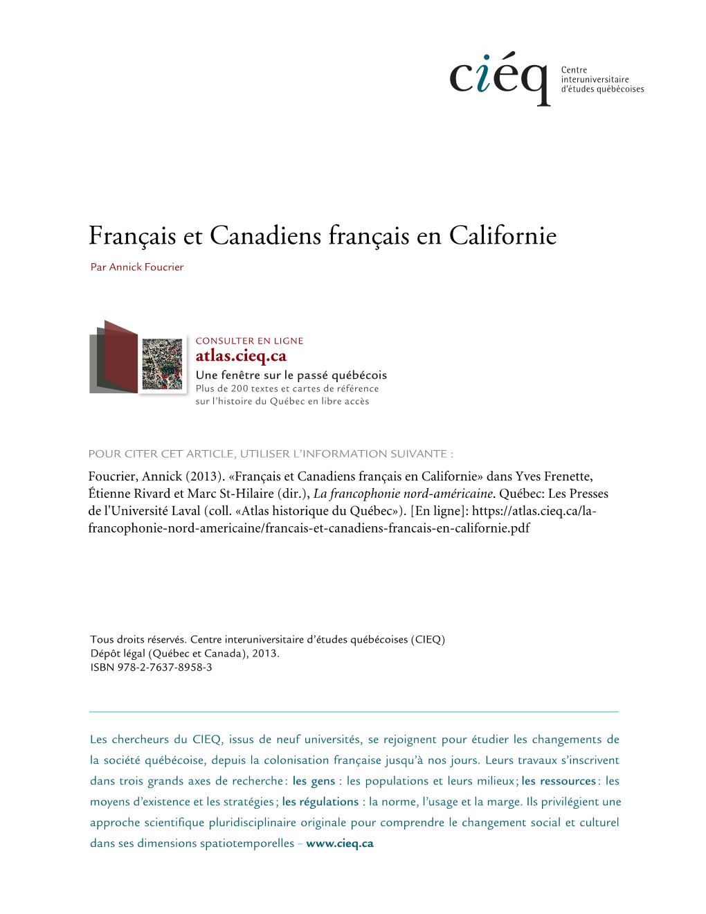 Français Et Canadiens Français En Californie Par Annick Foucrier