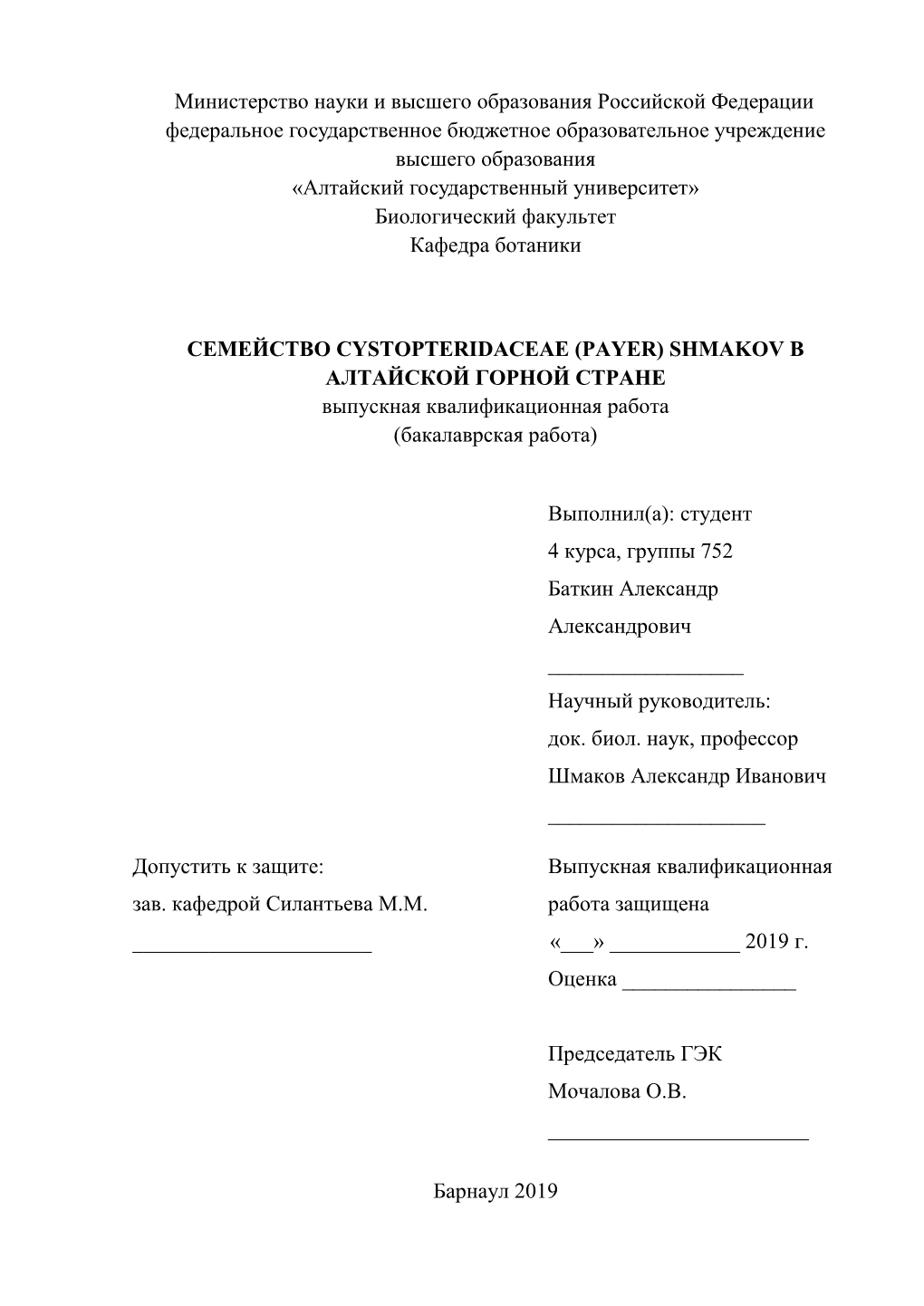 Payer) Shmakov В Алтайской Горной Стране Выпускная Квалификационная Работа (Бакалаврская Работа