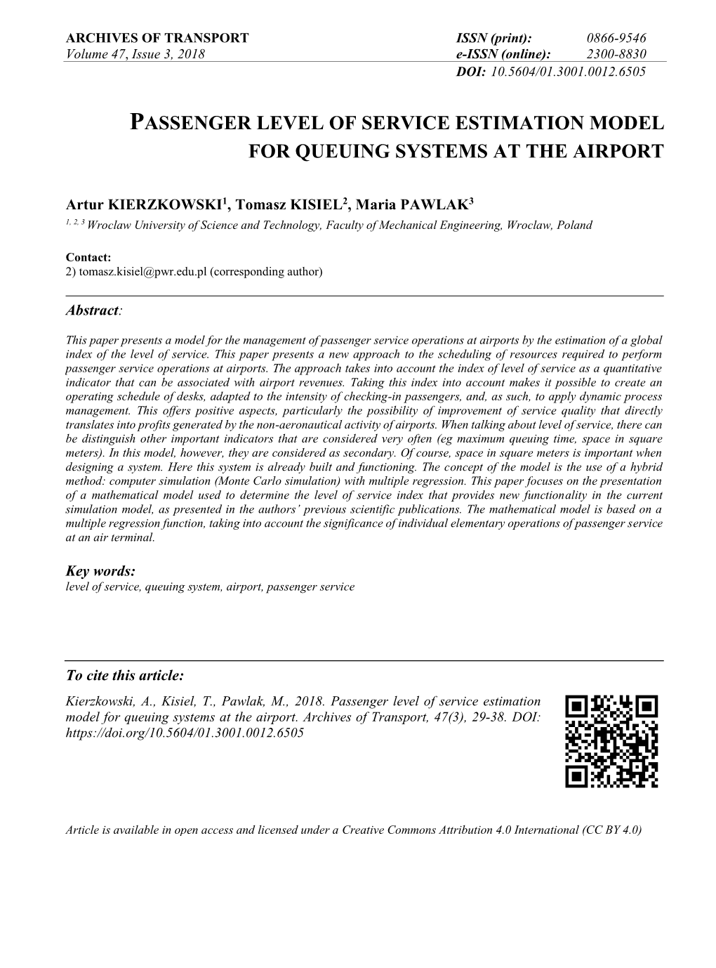 Passenger Level of Service Estimation Model for Queuing Systems at the Airport