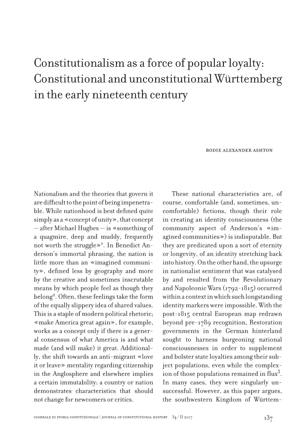 Constitutionalism As a Force of Popular Loyalty: Constitutional and Unconstitutional Württemberg in the Early Nineteenth Century