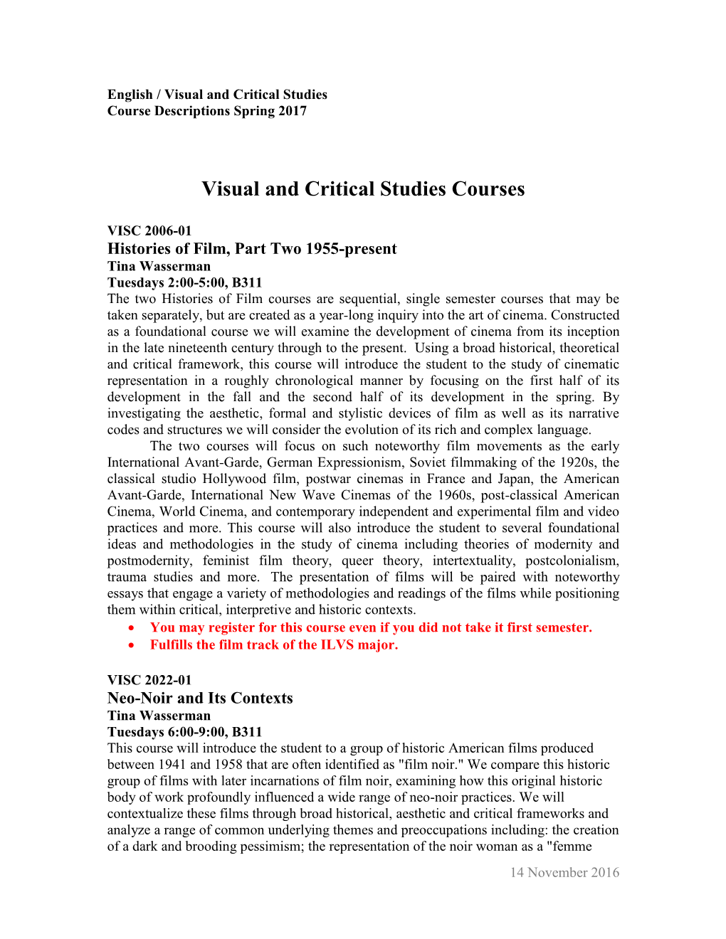 Visual and Critical Studies Courses