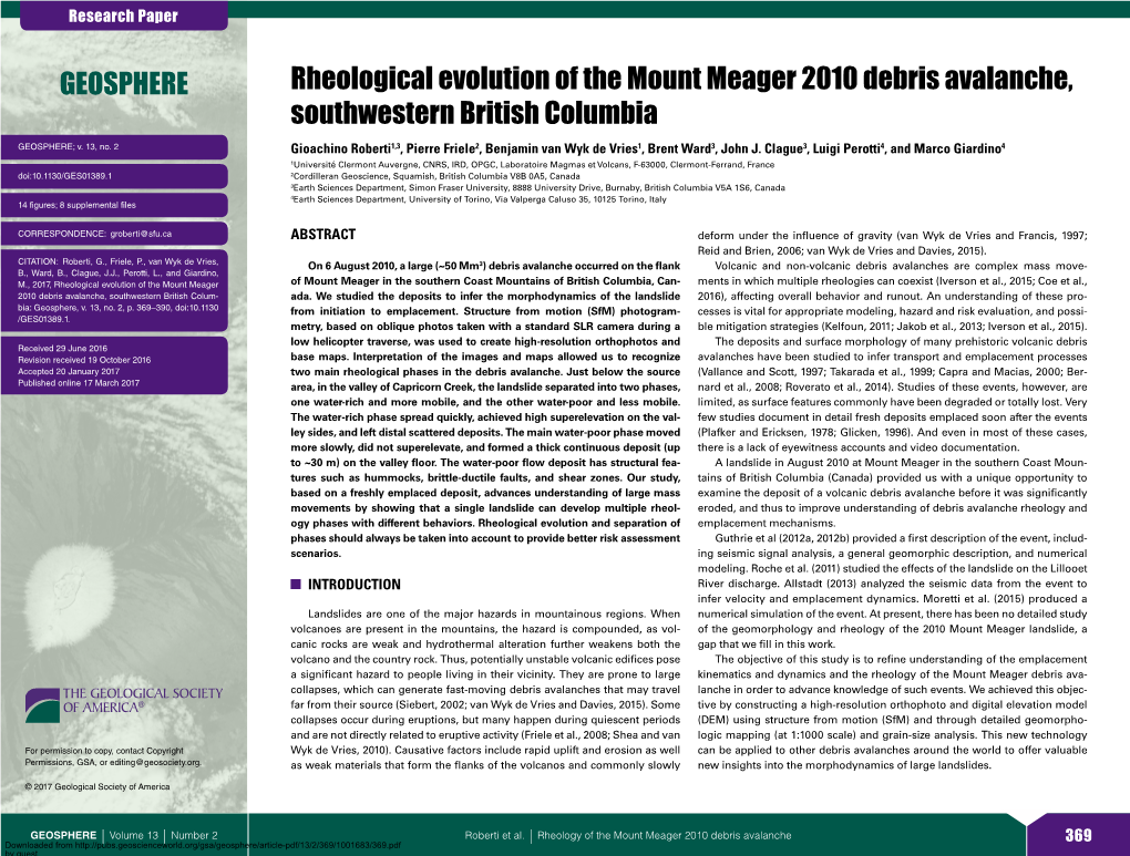 Rheological Evolution of the Mount Meager 2010 Debris Avalanche, Southwestern British Columbia GEOSPHERE; V