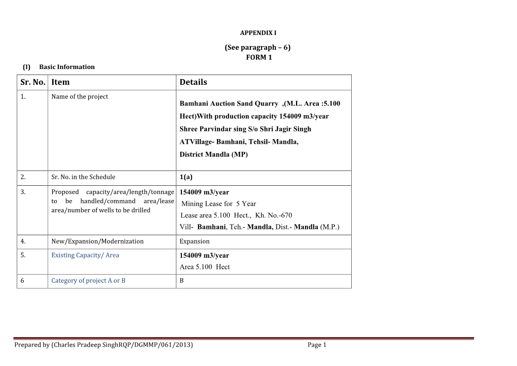 Sr. No. Item Details 1