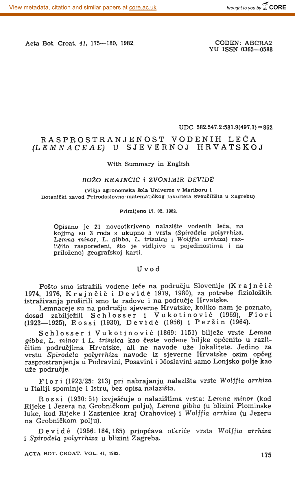 Rasprostranjenost Vodenih Leca (Lemnaceae) U Sjevernoj Hrvatskoj