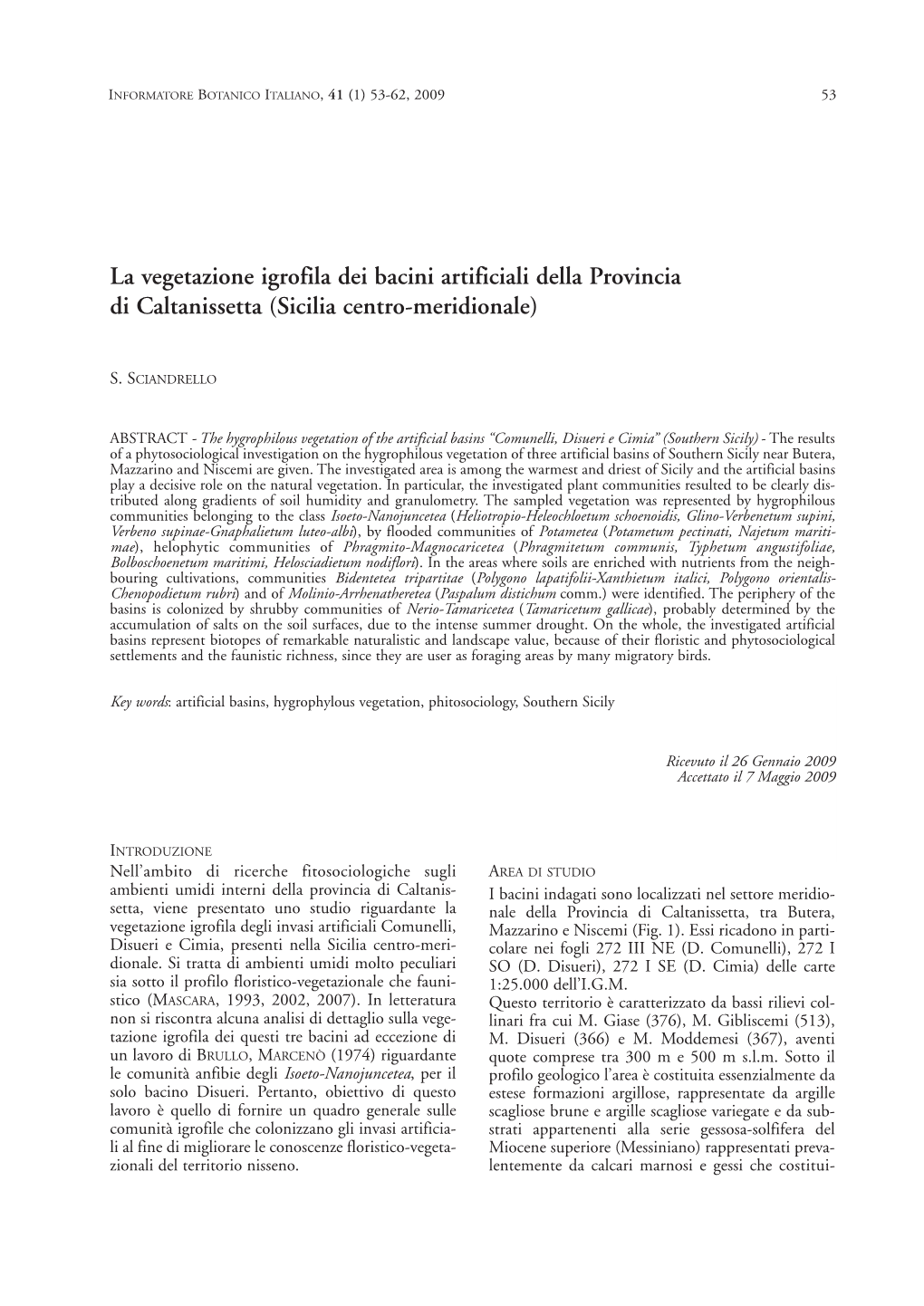 La Vegetazione Igrofila Dei Bacini Artificiali Della Provincia Di Caltanissetta (Sicilia Centro-Meridionale)