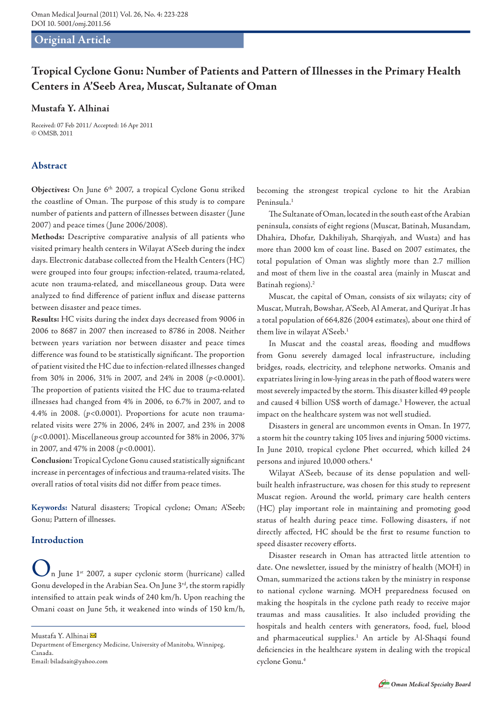 Tropical Cyclone Gonu: Number of Patients and Pattern of Illnesses in the Primary Health Centers in A’Seeb Area, Muscat, Sultanate of Oman