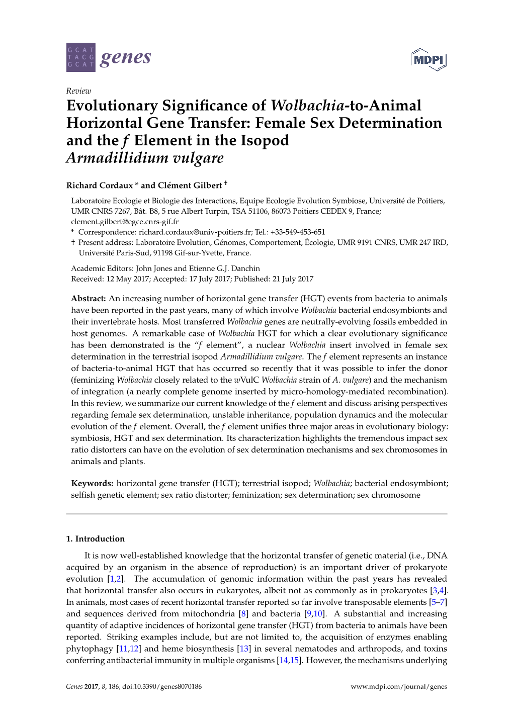 Female Sex Determination and the F Element in the Isopod Armadillidium Vulgare