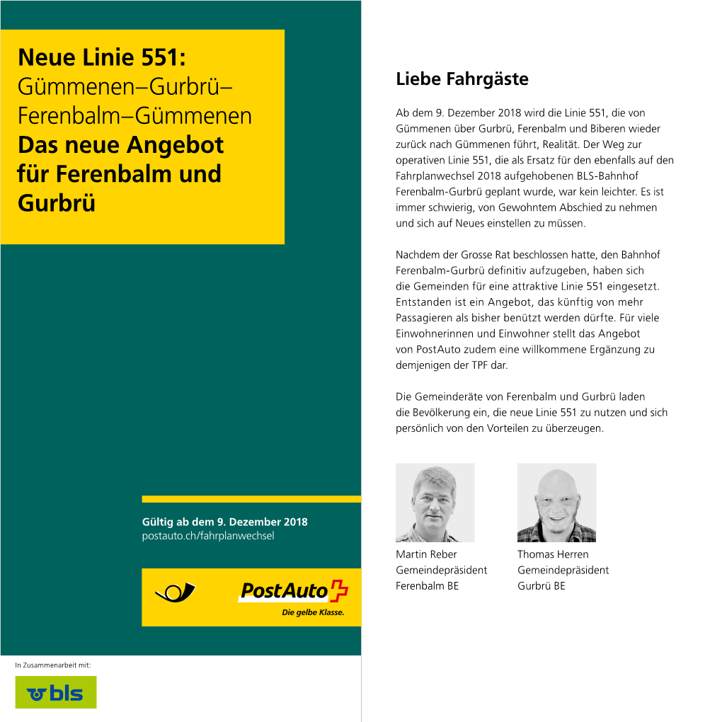 Neue Linie 551: Gümmenen–Gurbrü– Liebe Fahrgäste Ab Dem 9