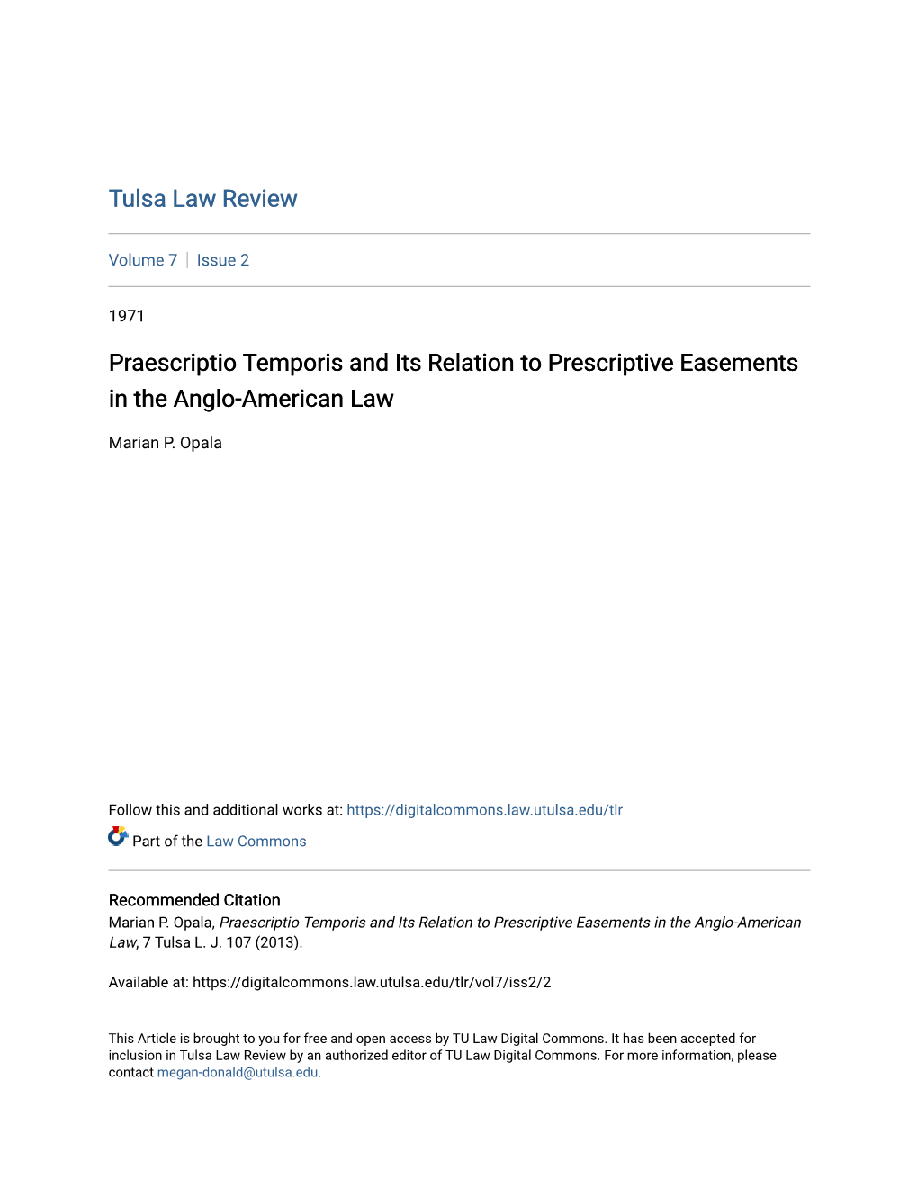 Praescriptio Temporis and Its Relation to Prescriptive Easements in the Anglo-American Law