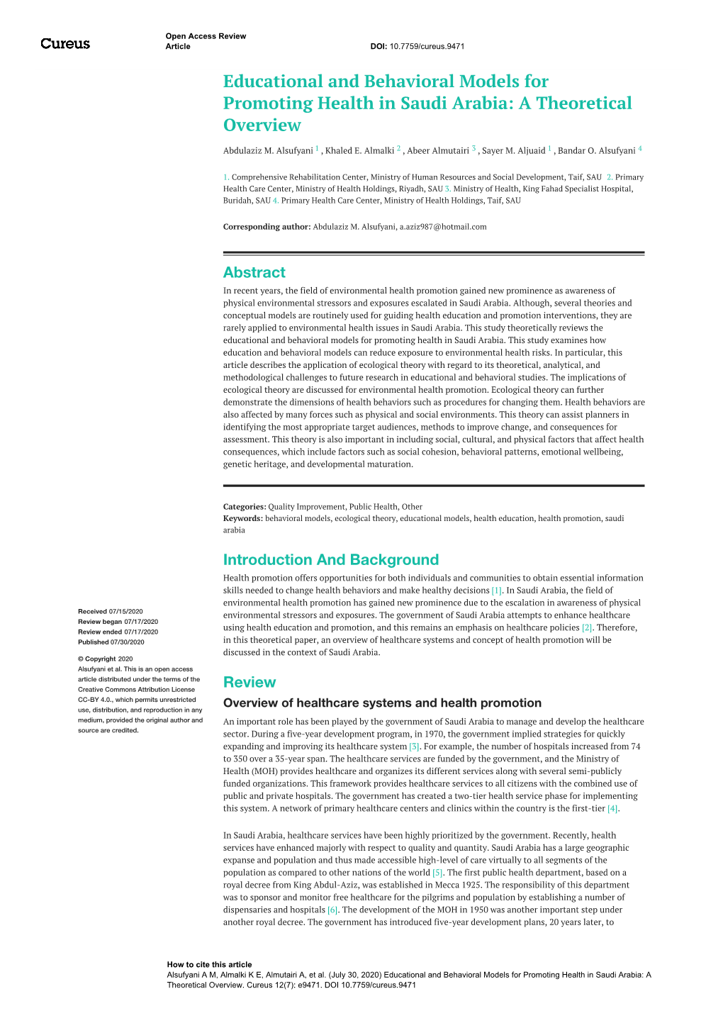 Educational and Behavioral Models for Promoting Health in Saudi Arabia: a Theoretical Overview