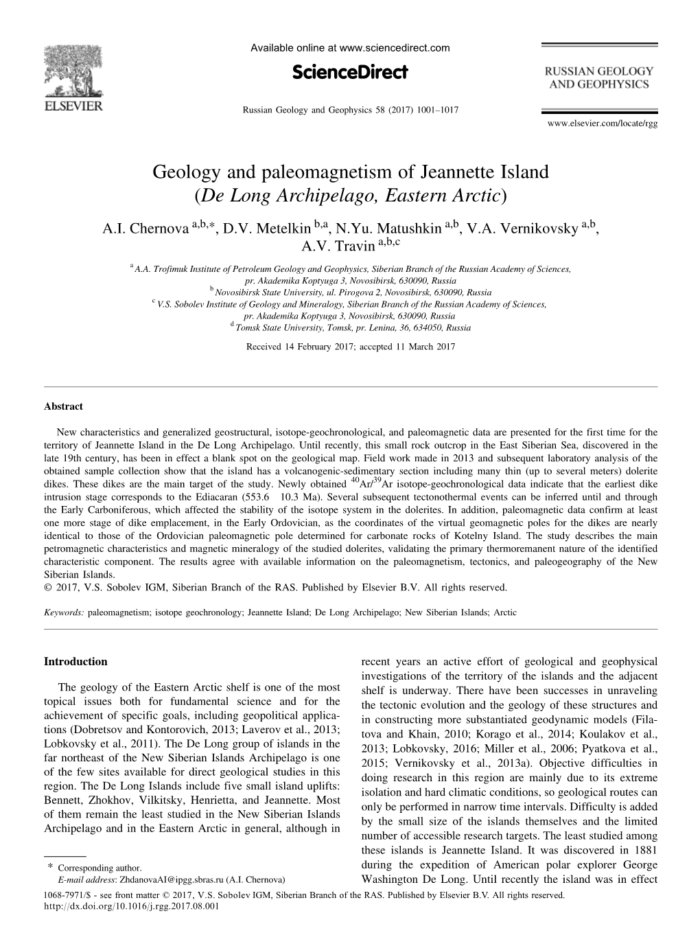 Geology and Paleomagnetism of Jeannette Island (De Long Archipelago, Eastern Arctic)