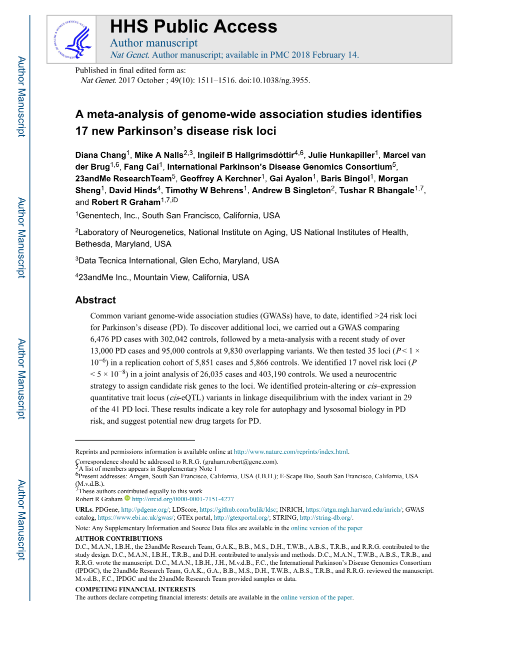 A Meta-Analysis of Genome-Wide Association Studies Identifies 17 New Parkinson’S Disease Risk Loci