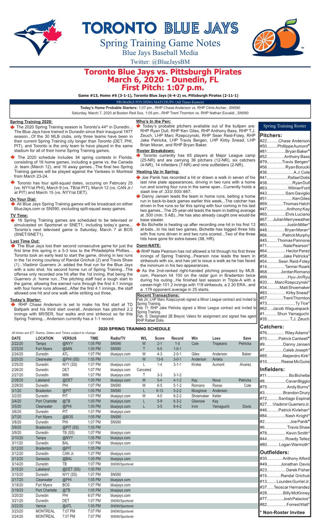 TORONTO BLUE JAYS Spring Training Game Notes Blue Jays Baseball Media Twitter: @Bluejaysbm Toronto Blue Jays Vs