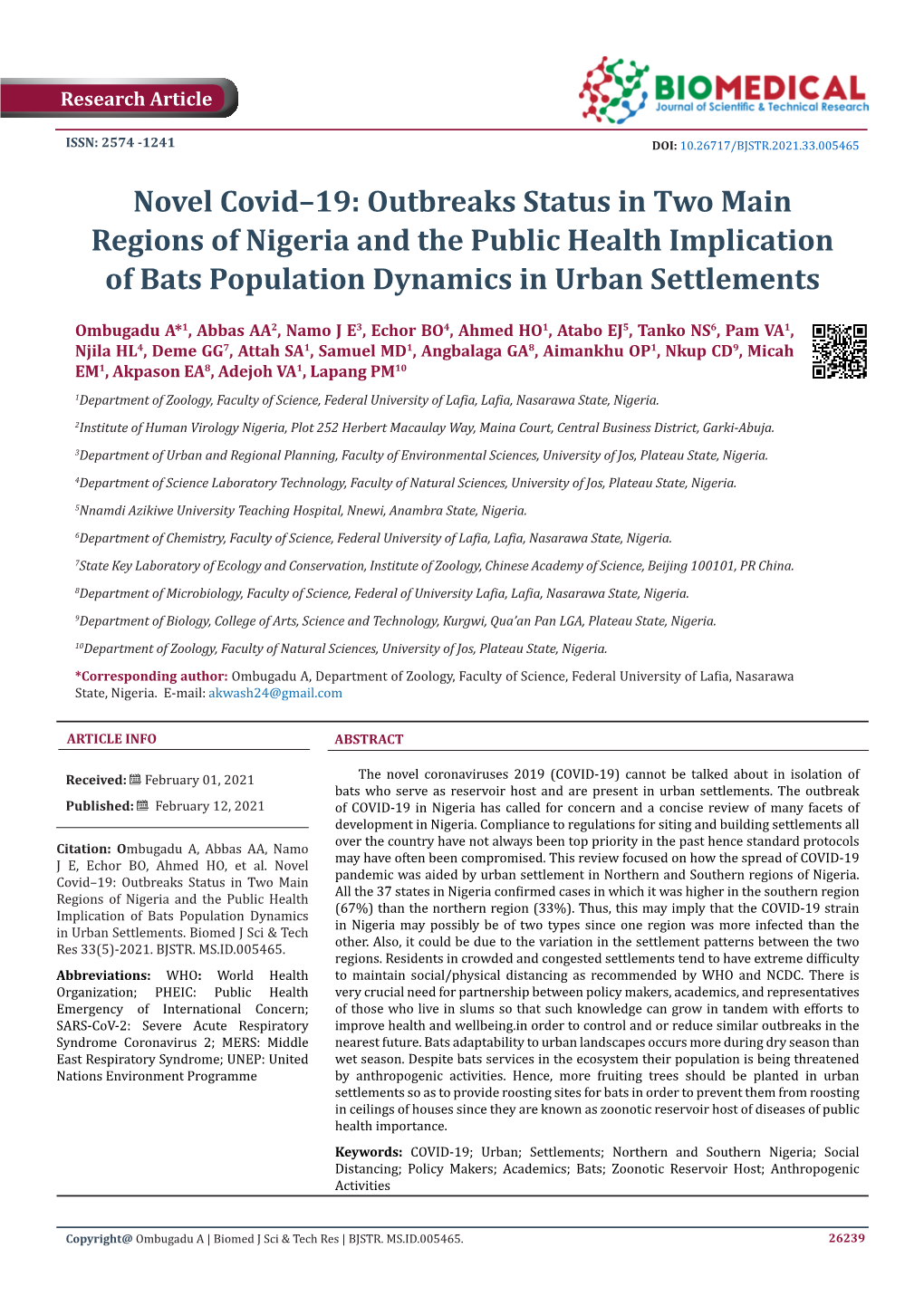 Novel Covid–19: Outbreaks Status in Two Main Regions of Nigeria and the Public Health Implication of Bats Population Dynamics in Urban Settlements