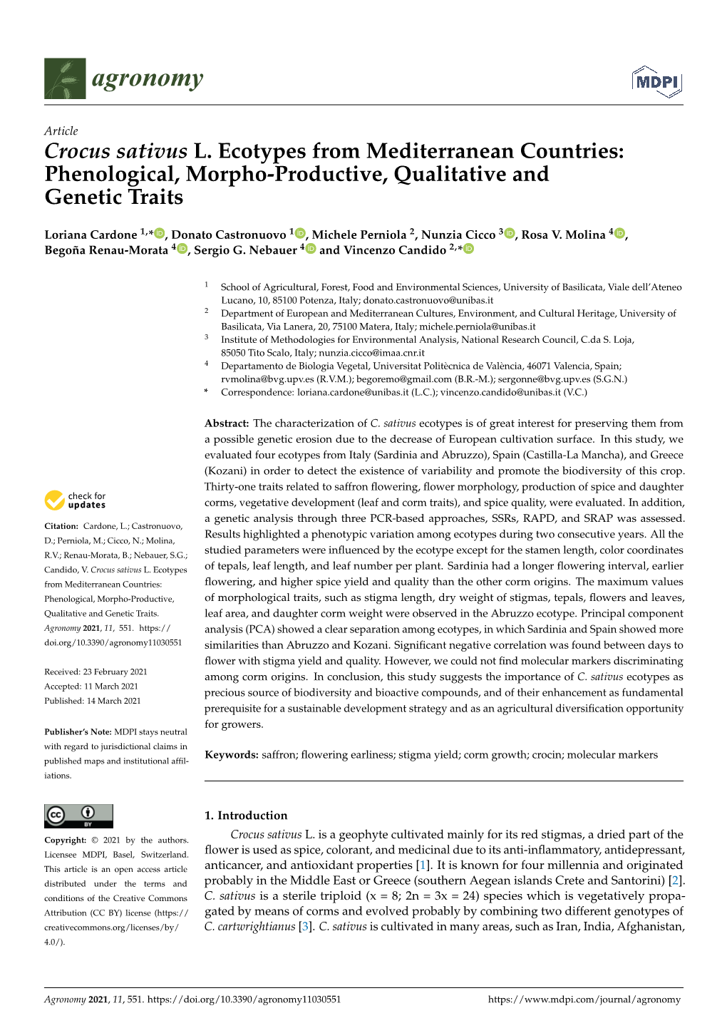 Crocus Sativus L. Ecotypes from Mediterranean Countries: Phenological, Morpho-Productive, Qualitative and Genetic Traits